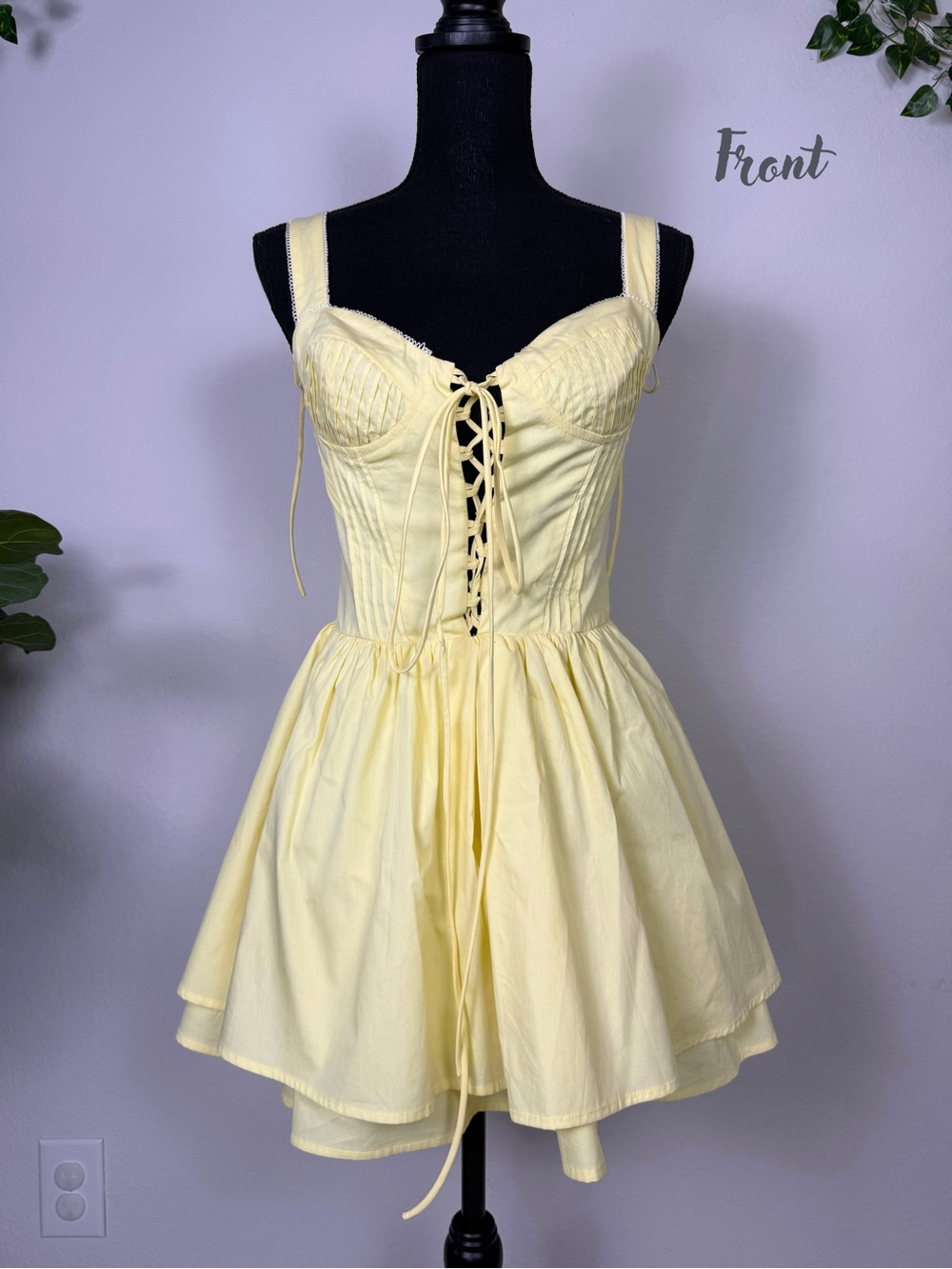 Commense Pale Yellow Lace-Up Mini Dress
